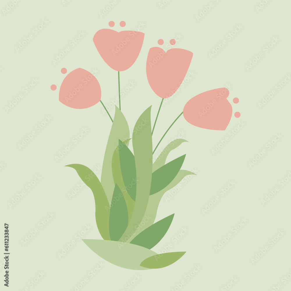 Beautiful bouquet of four tulips flat design on green background spring flowers  decoration vector illustration hand drawn style graphic icon.