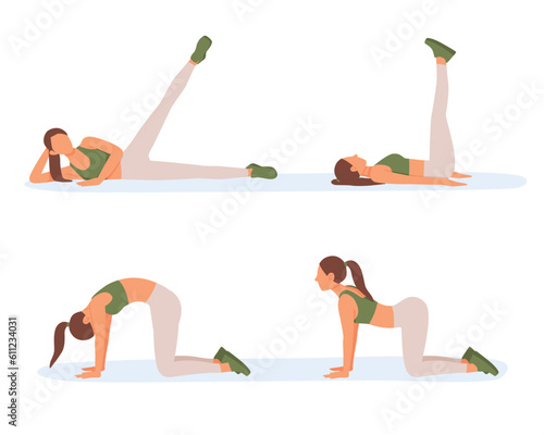 Athletic woman doing morning exercises. Exercises for back and leg muscles. Warming up and stretching. Fitness insoles. Female character does aerobics. Color vector image in flat style