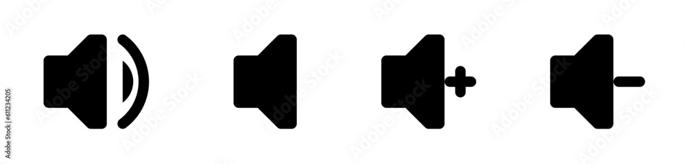 Speaker icon set, set of megaphone, add volume, lower volume and silent icon Speaker icon set, set of megaphone, add volume, lower volume and silent icon