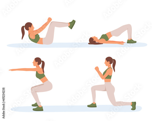 Lady in sportswear practicing fitness alone. Basic exercises for daily physical education. Set of exercises for different muscles, weight loss. Caring for your body