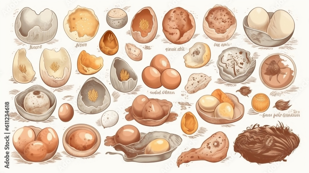 A set of images of eggs in different packages and states. Boiled, broken, fried, scrambled eggs, quail egg. Farm food, agricultural production. Generative ai. A set of images of eggs in different packages and states. Boiled, broken, fried, scrambled eggs, quail egg. Farm food, agricultural production. Generative ai.