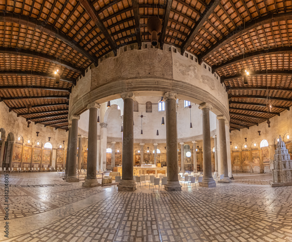 Interior View of  the Basilica of St. Stephen in the Round on the Caelian Hill (Chiesa Santo Stefano Rotondo ) is an ancient basilica and titular church in Rome, Italy.