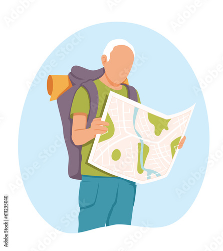 Excited backpacker with map. Male character is studying city map. Finding right way and positive emotions. Hiking tours for elderly. Color vector image in flat style