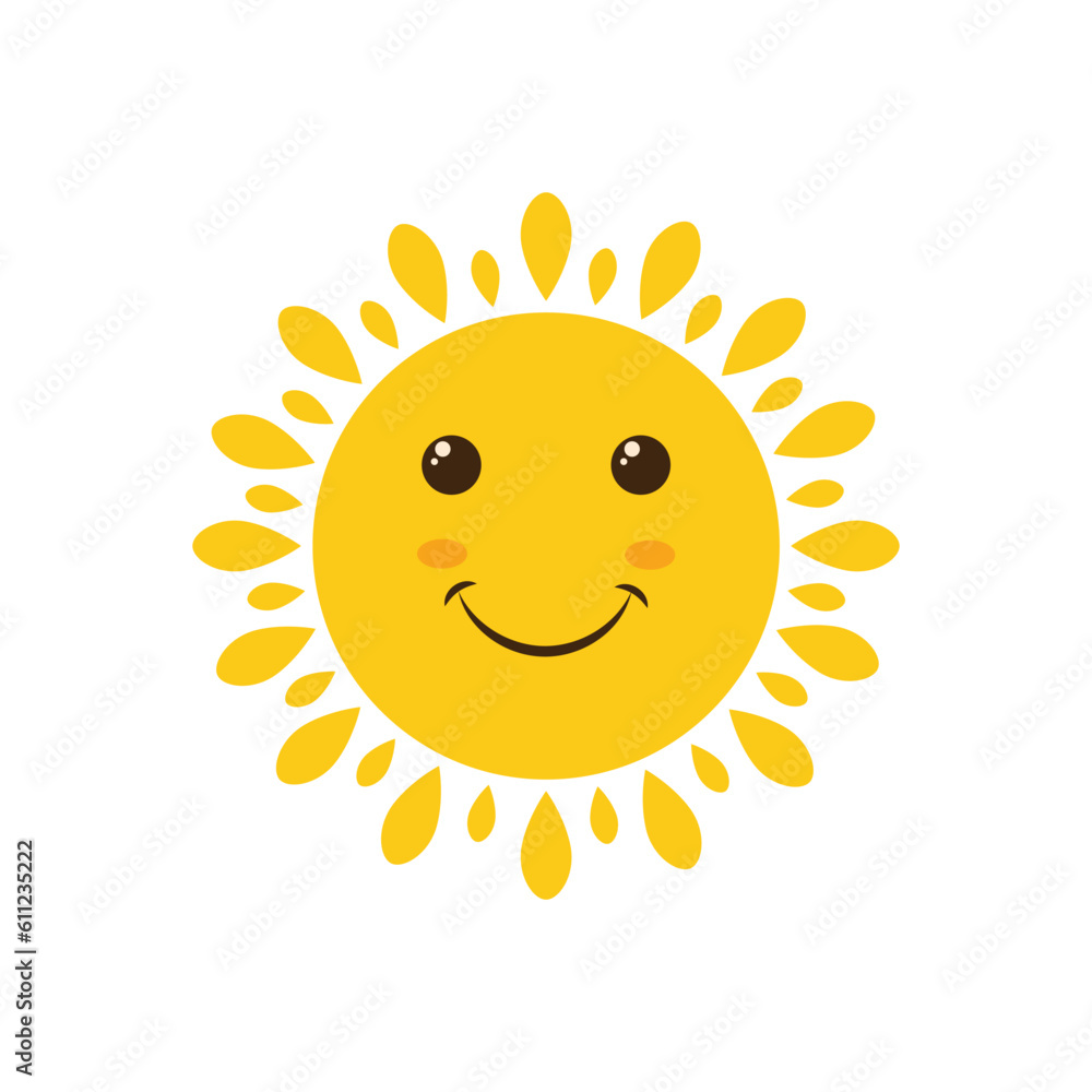The sun. Vector positive illustration of a yellow smiling sun with joyful emotions, with beautiful rays. Icon. Cartoon children s vector image isolated on a white background.