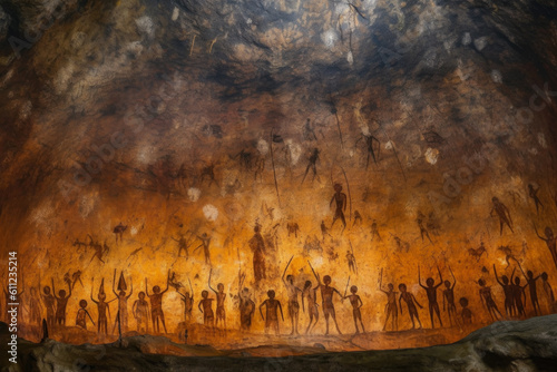 Prehistoric Rock Paintings Of Cavemen Of The Stone Age As A Background Created With The Help Of Artificial Intelligence