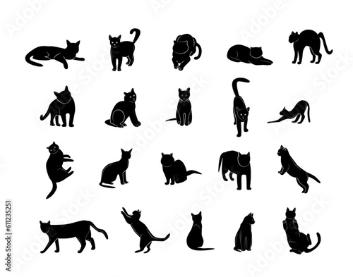 Set of cats in different poses. Cats silhouettes. Home pets. Isolated on white background