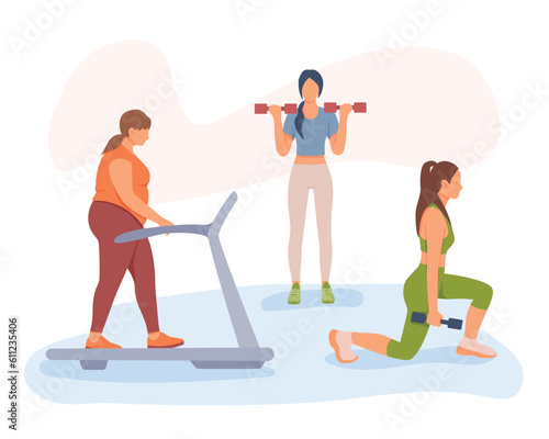 Time to loss weight. Female vector characters doing different types of exercise. Work with dumbbells, walking on treadmill, squats. Boosting confidence with sports and workouts