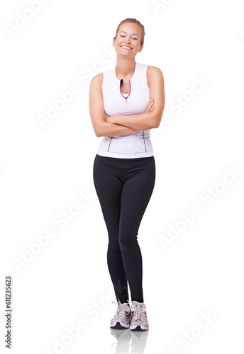 Fitness, full body and portrait of a woman with gym clothes for exercise, proud workout and wellness. Happy female model with crossed arms for confidence isolated on a transparent png background