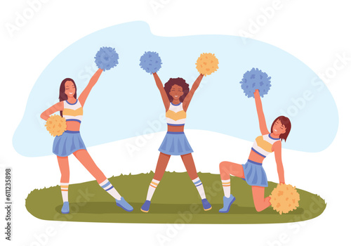 Team of girls performing dance on soccer field. Merry female cheerleaders in costumes dancing together on football pitch with pompoms in hands. Vector illustration