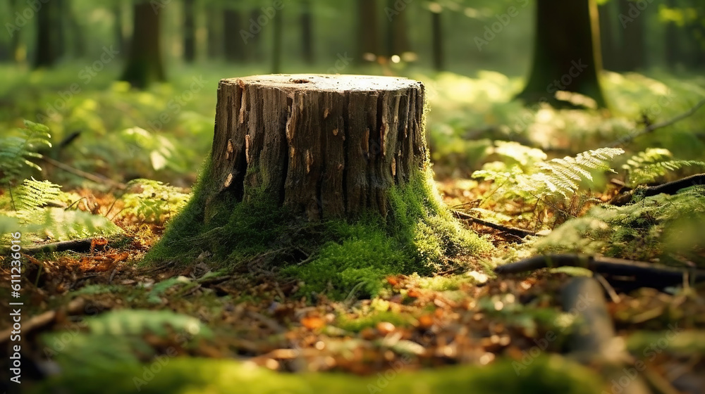 a tree stump in the middle of a forest. Generative Ai a tree stump in the middle of a forest. Generative Ai