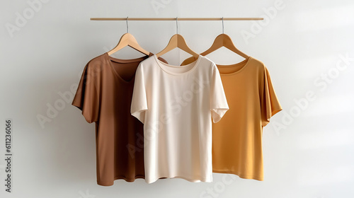 Minimal fashion clothes concept. Female blouses and t-shirts on hanger on white background. Generative Ai