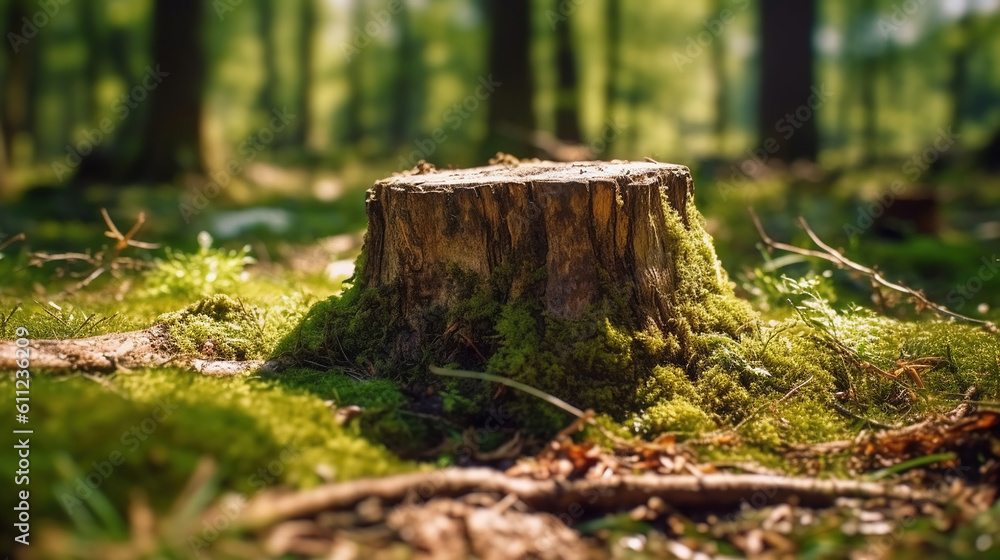 a tree stump in the middle of a forest. Generative Ai a tree stump in the middle of a forest. Generative Ai