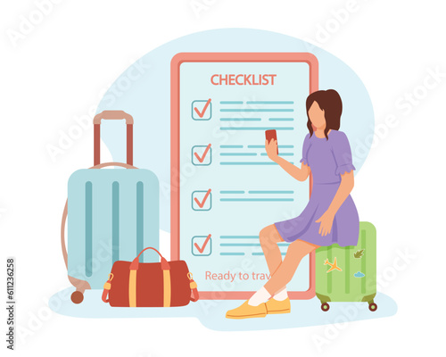 Journey checklist and dream of vacation. Female character checks if everything is necessary for trip. Hand luggage and large suitcases. Suitcase on wheels for tour abroad, travel presentation
