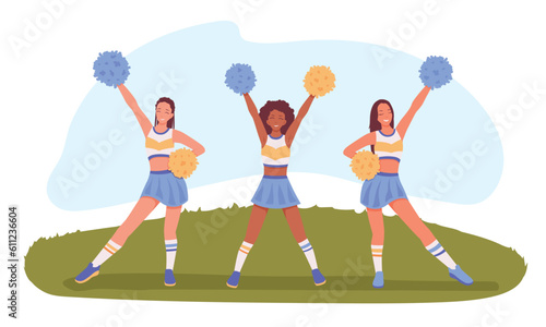 Cheerleading squad performing on football pitch. Cheerful sporty ladies dressed in costumes dancing on grass with pompoms in hands. Vector illustration
