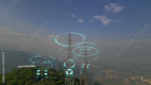 Closeup aerial view around of the telecommunication tower. Telecom tower antennas and satellite transmits the signals of cellular 5g 4g mobile signals and their radio waves works on a long distance
