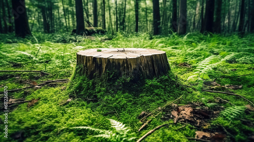 a tree stump in the middle of a forest. Generative Ai