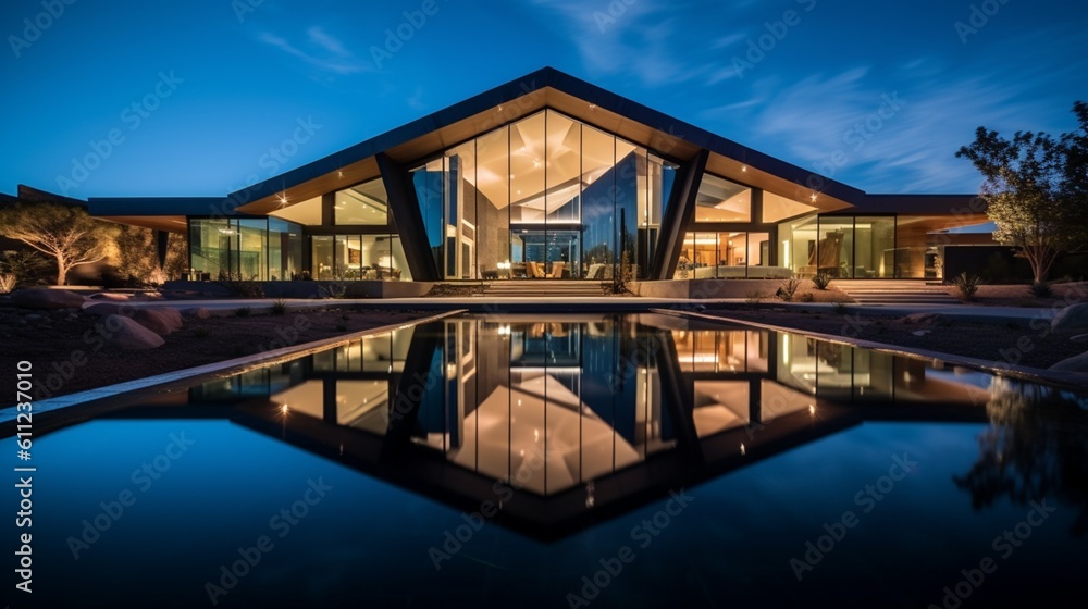 Obraz premium Luxurious Modern Dream Home Showcasing Sleek Minimalist Architecture and Breathtaking Landscape in High-Quality Architectural Photography 