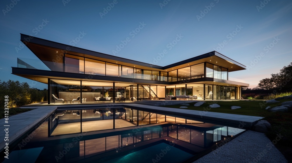 Fototapeta premium Luxurious Modern Dream Home Showcasing Sleek Minimalist Architecture and Breathtaking Landscape in High-Quality Architectural Photography 