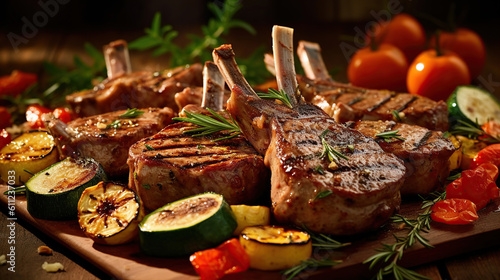 Delicious grilled marinated lamb chops and roasted vegetables from a summer BBQ on a wooden chopping board in a country kitchen. Generative Ai