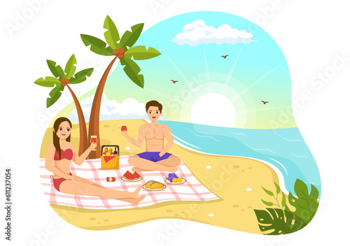 Picnic Outdoors Vector Illustration of People Sitting on a Green Grass in Nature on Summer Holiday Vacations in Flat Cartoon Hand Drawn Templates © denayune