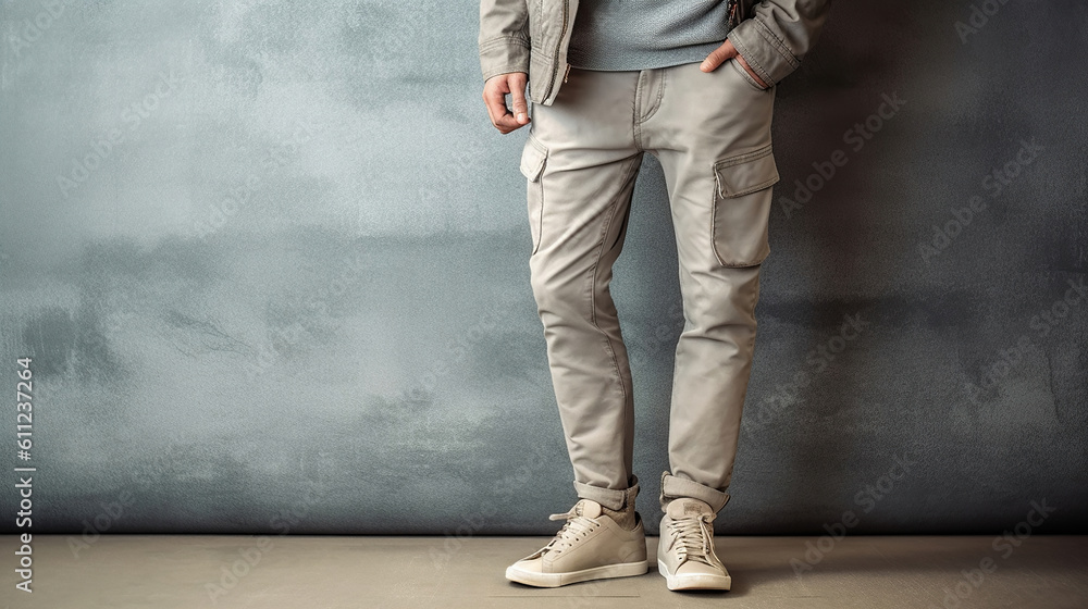 Closeup Men's casual outfits standing over gray grunge background with space, beauty and fashion concept. Generative Ai Closeup Men's casual outfits standing over gray grunge background with space, beauty and fashion concept. Generative Ai