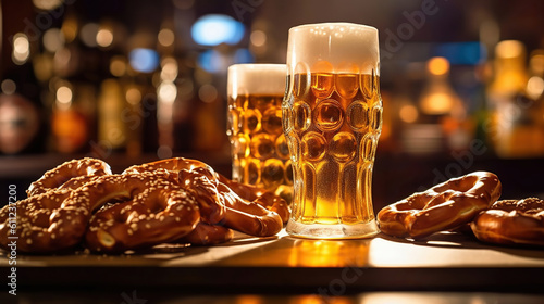 A table at Oktoberfest filled with freshly baked pretzels  glass boot filled with beer. Generative Ai