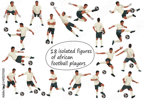 Vector isolated figures of black football players in white sports t-shirts running  jumping  grabbing  catching  hitting the ball