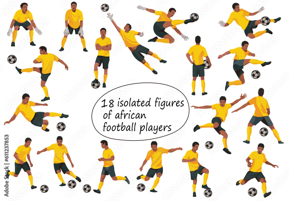 African football players jumping, running, kicking the ball, standing in goal in yellow uniforms African football players jumping, running, kicking the ball, standing in goal in yellow uniforms
