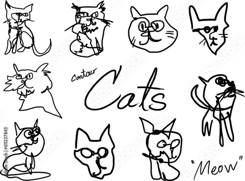 Doodle cats illustrations  contour art face cats