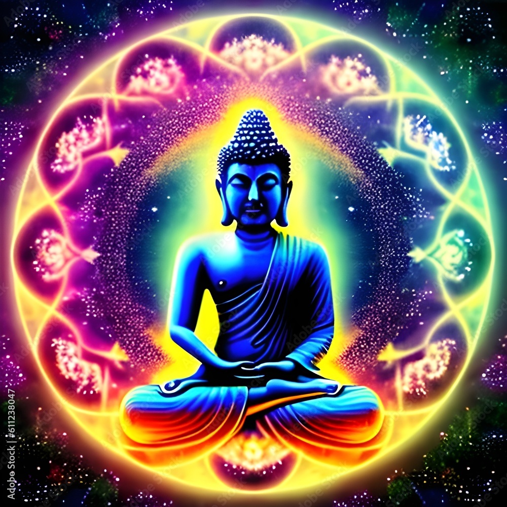 An AI generated illustration of This image captures an interior view of a Buddha statue, set in a circular pattern with bright glowing spots radiating from the center An AI generated illustration of This image captures an interior view of a Buddha statue, set in a circular pattern with bright glowing spots radiating from the center