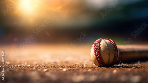 cricket leather ball resting on bat on the stadium pitch. Generative Ai