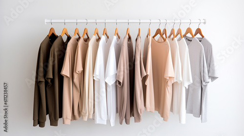 Minimal fashion clothes concept. Female blouses and t-shirts on hanger on white background. Generative Ai
