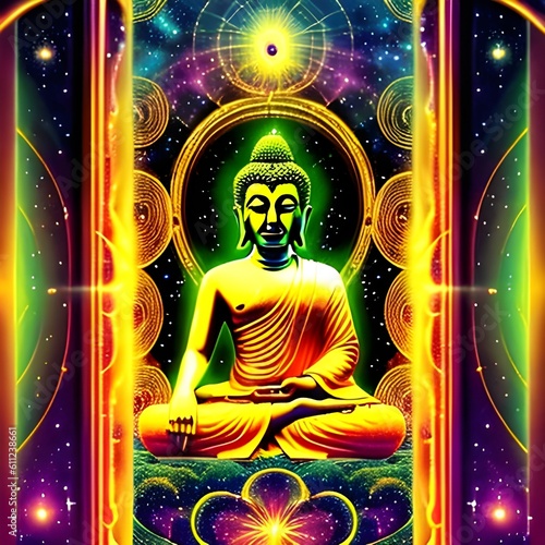 An AI generated illustration of This image captures an interior view of a Buddha statue, set in a circular pattern with bright glowing spots radiating from the center