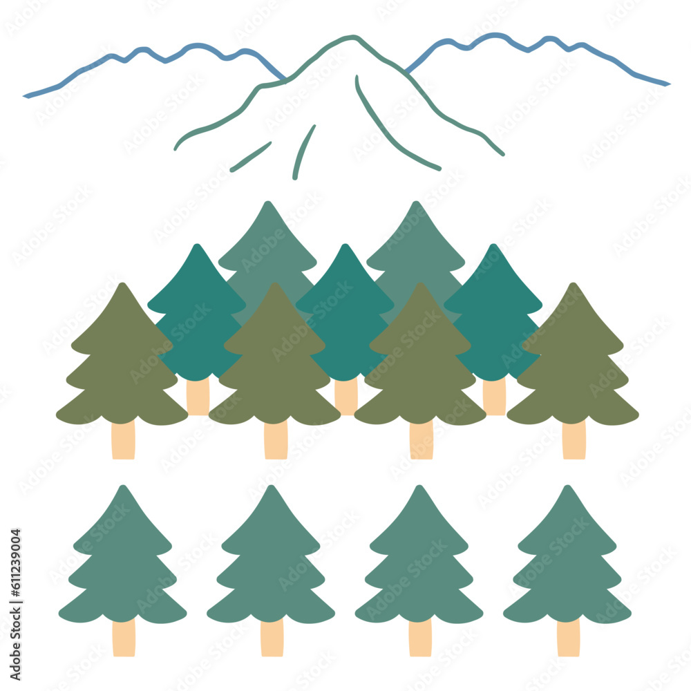 かわいいシンプルな木のイラストセット_針葉樹と山