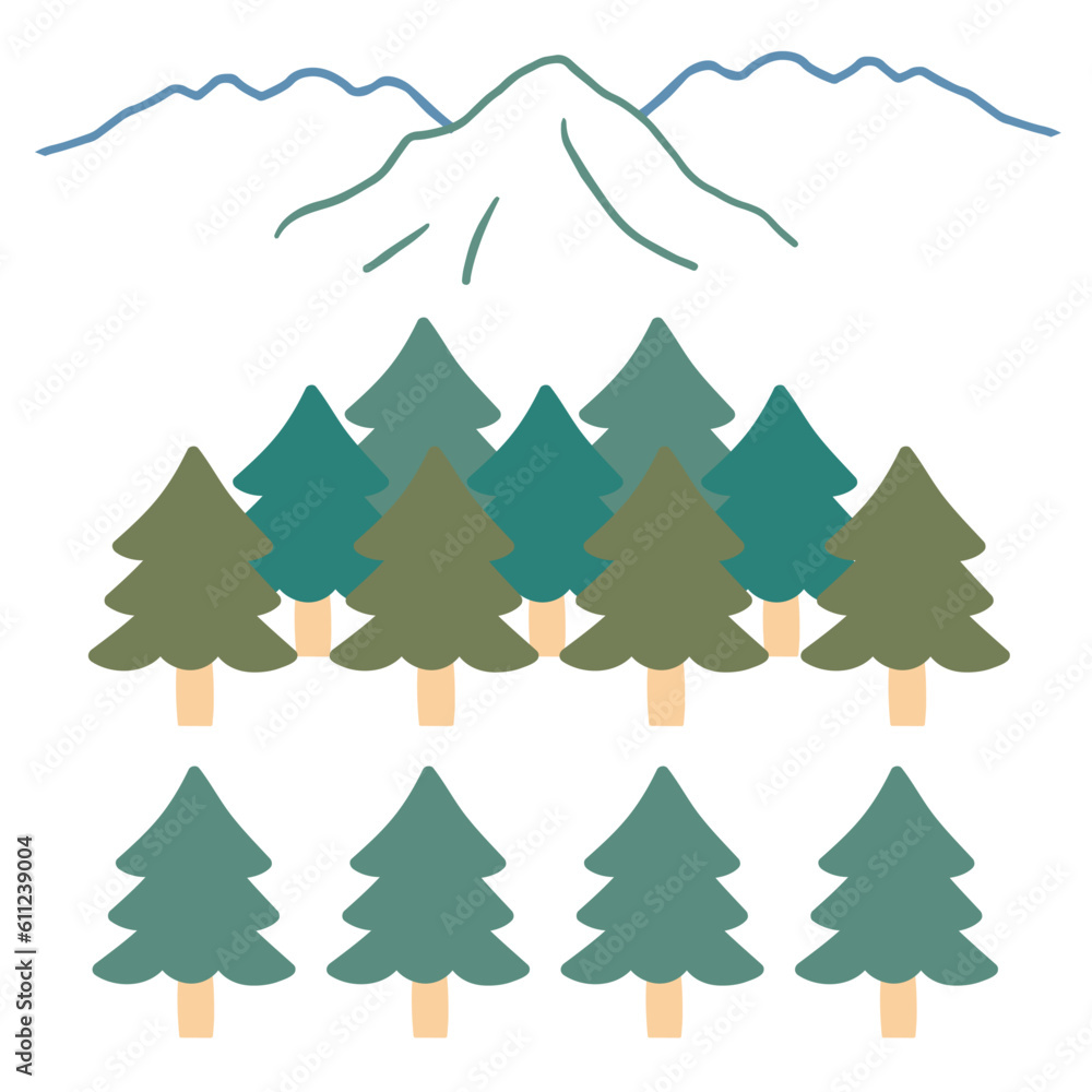 Fototapeta premium かわいいシンプルな木のイラストセット_針葉樹と山