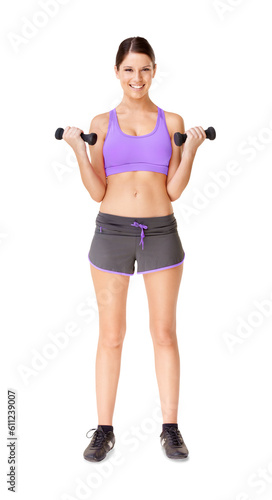Happy woman, portrait and dumbbells for workout or exercise isolated on a transparent PNG background. Fit, active and sporty female person or model with smile in weightlifting, training or exercising