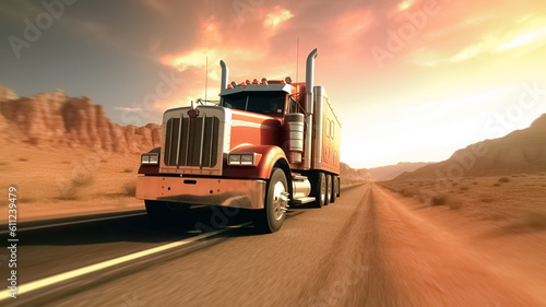The truck runs on the highway. Semi-Truck on the Highway. Logistics and transportation concept. 