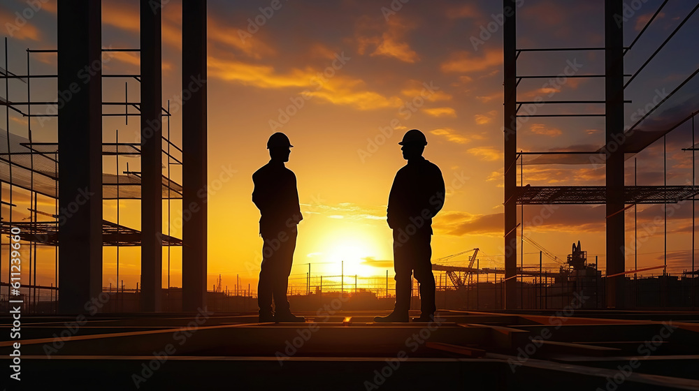 Silhouette of Engineer and worker on building site, construction site at sunset in evening time. Generative Ai