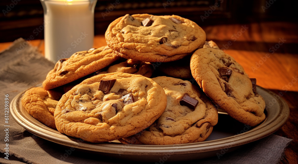Traditional cookies with pieces of chocolate in a plate on a close background, dessert Traditional cookies with pieces of chocolate in a plate on a close background, dessert