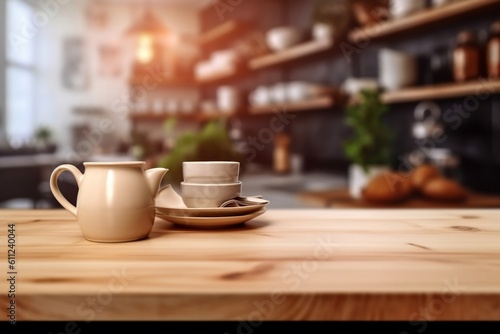 Empty Wooden Tabletop Blurred Kitchen Background. Generative AI