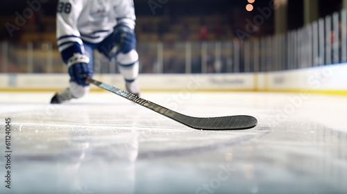 Close up of ice hockey stick on ice rink in position to hit hockey puck. Generative Ai