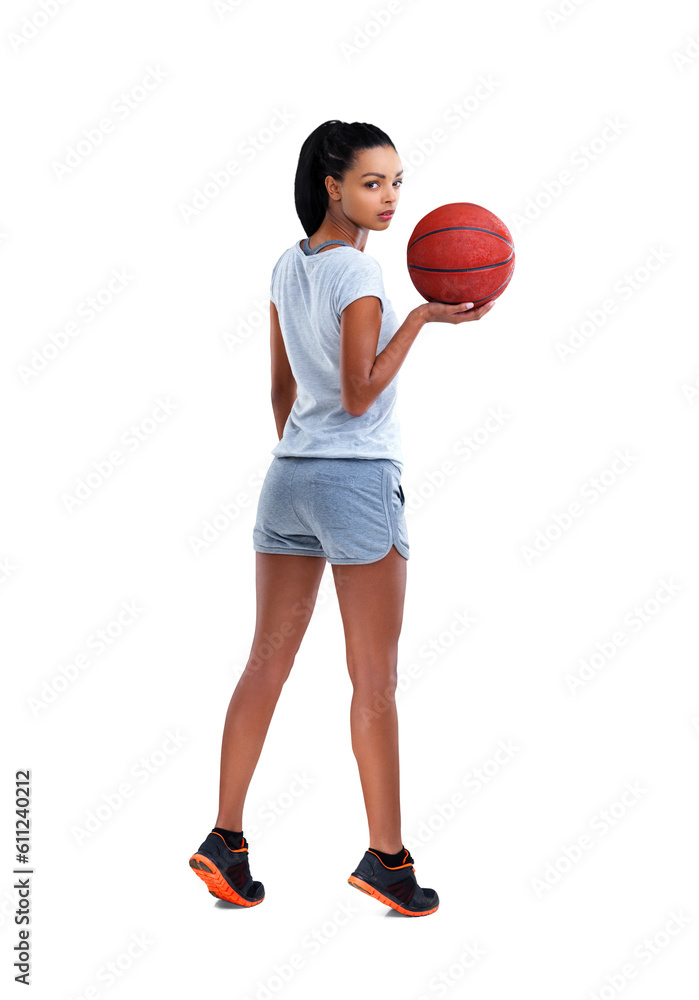 Woman, basketball and ball portrait with sport training, game and exercise with confidence. Young female person, athlete and isolated on a transparent, png background with back and sports fitness
