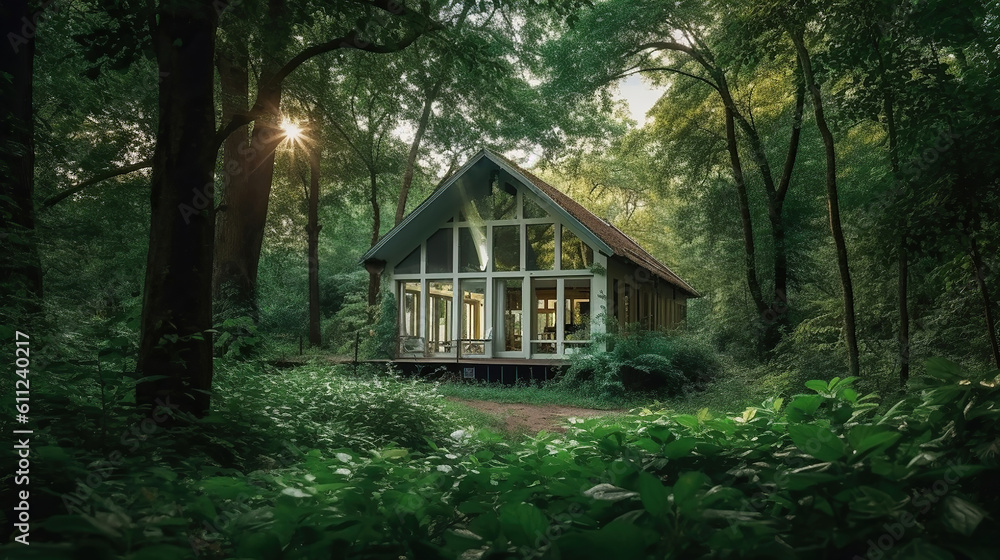 house in the middle of a lush green forest. Generative Ai house in the middle of a lush green forest. Generative Ai
