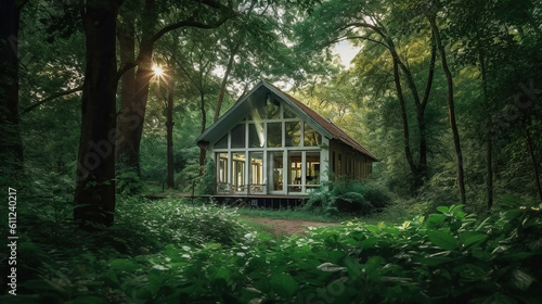 house in the middle of a lush green forest. Generative Ai