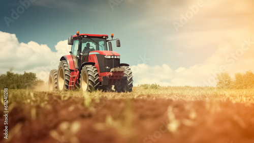 Farmer with tractor seeding crops at field.  