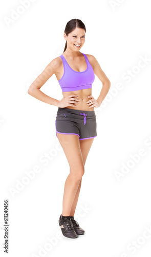 Happy woman, portrait smile and hands on hip for fitness confidence isolated on a transparent PNG background. Fit and active female person or model posing and smiling for healthy body or exercise