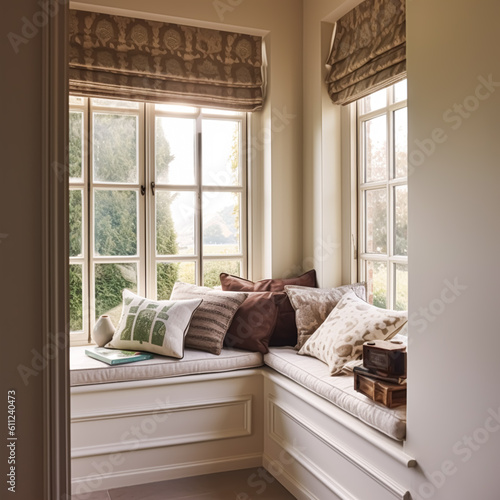Window seat, interior design and comfort at home, reading nook with cushions and decor in a country house, English cottage style, generative ai