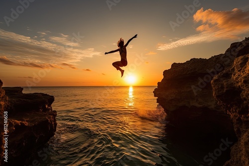 Silhouette of a person jumping over a cliff into the sea at sunset