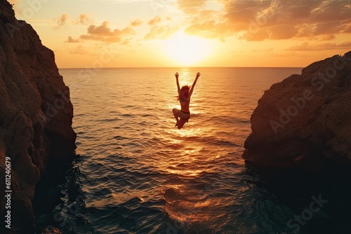 Silhouette of a person jumping over a cliff into the sea at sunset © ttonaorh