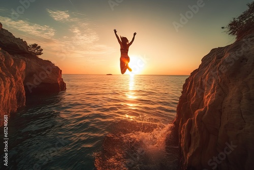 Silhouette of a person jumping over a cliff into the sea at sunset